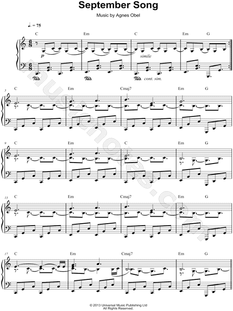 Agnes Obel "September Song" Sheet Music (Piano Solo) in C Major