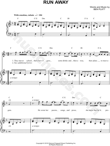 Ben Platt "Run Away" Sheet Music in F Major (transposable) - Download