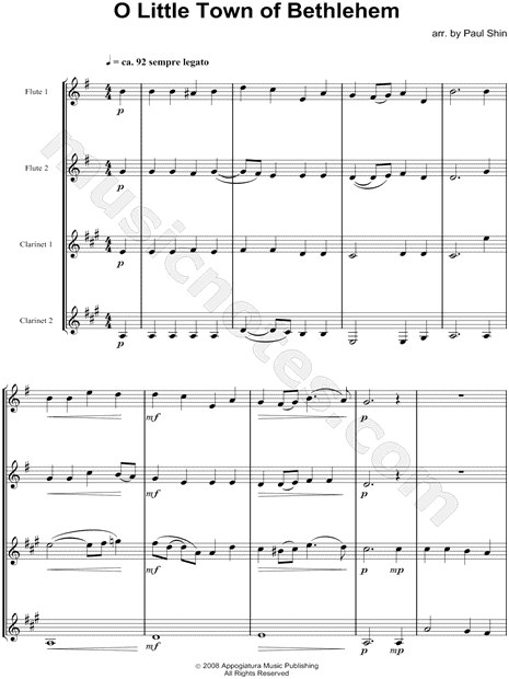 O Little Town of Bethlehem - Woodwind Quartet Score