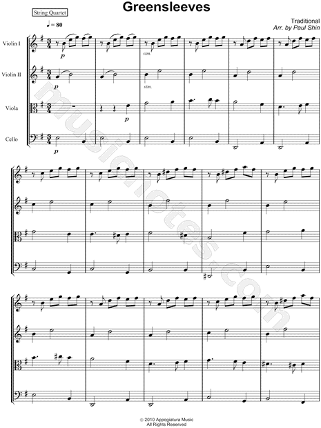 Greensleeves - String Quartet Score