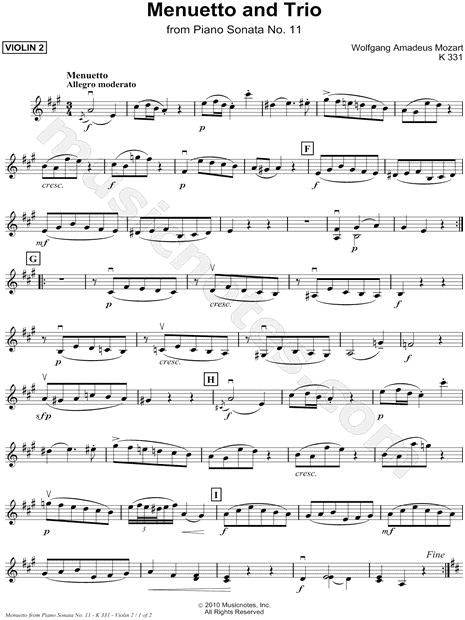 Menuetto and Trio from Piano Sonata No. 11, K 331 - Violin (Part 2)
