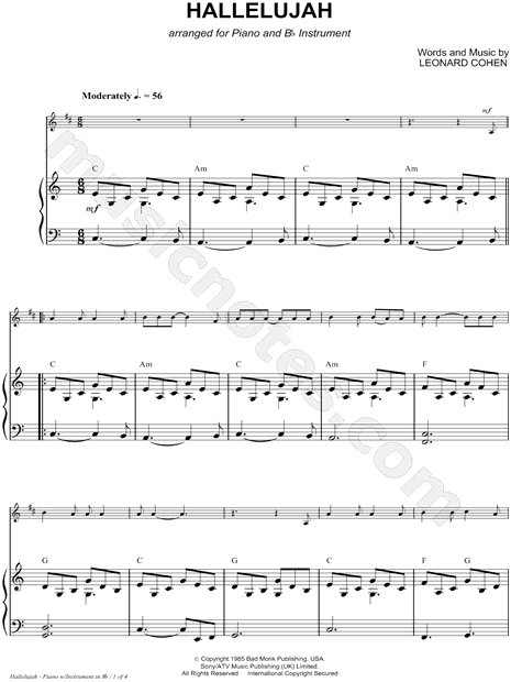 Hallelujah - Piano Accompaniment (Bb Instrument)