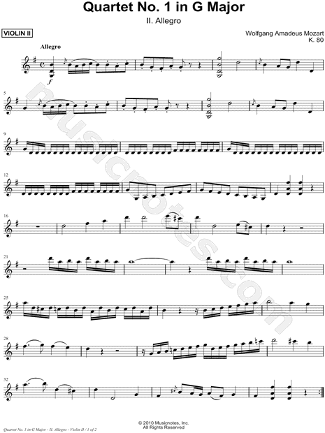 Quartet No. 1 In G Major, K. 80: II. Allegro - Violin Part 2 (String Quartet)