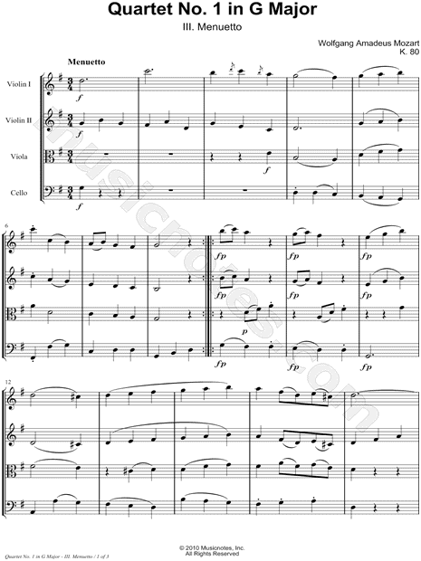 Quartet No. 1 In G Major, K. 80: III. Menuetto - String Quartet Score