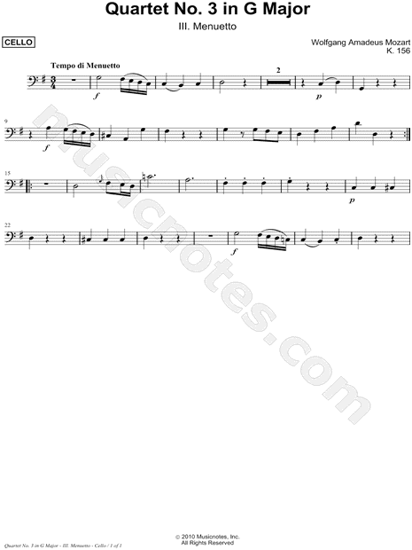 Quartet No. 3 In G Major, K. 156: III. Menuetto - Cello Part