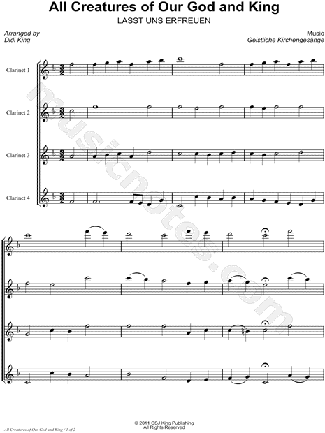 All Creatures of Our God and King - Score (Clarinet Quartet)