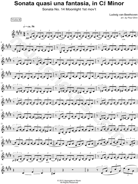 Moonlight Sonata, 1st Movement - Violin 2 (String Quartet)