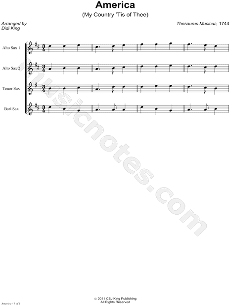 America (My Country 'Tis of Thee) - Saxophone Quartet Score