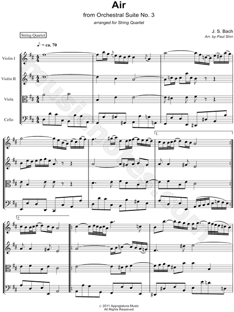 Air from Orchestral Suite No. 3 - String Quartet Score
