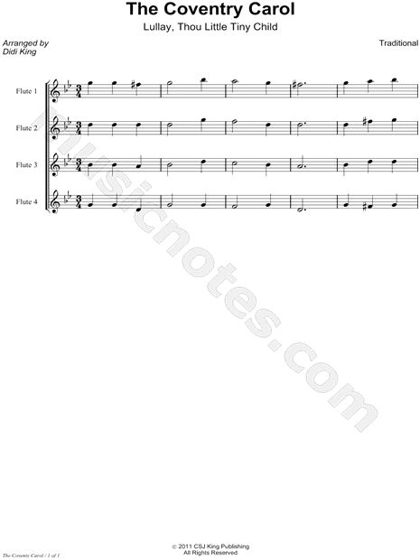 The Coventry Carol - Flute Quartet Score