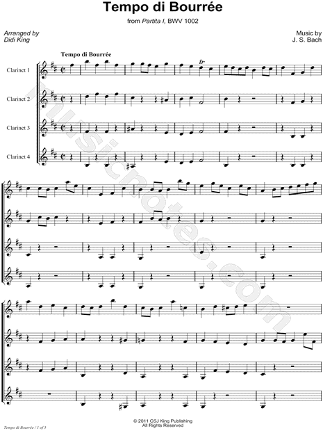 Bourrée, from Sonata II, BWV 1003 - Clarinet Quartet Score