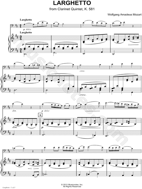 Larghetto from Clarinet Quintet, K. 581 - Piano Accompaniment