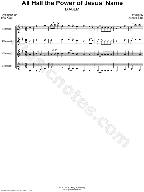 All Hail the Power of Jesus' Name - Clarinet Quartet Score