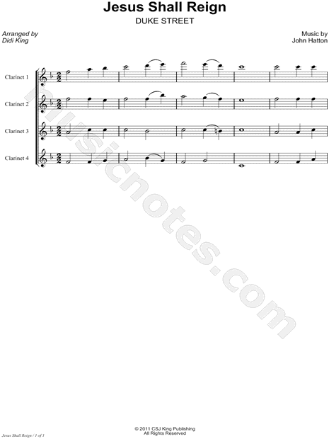 Jesus Shall Reign - Clarinet Score (Clarinet Quartet)