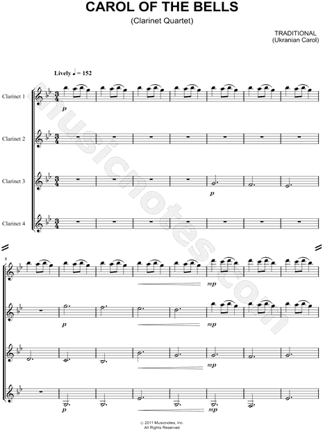 Carol of the Bells - Clarinet Quartet Score