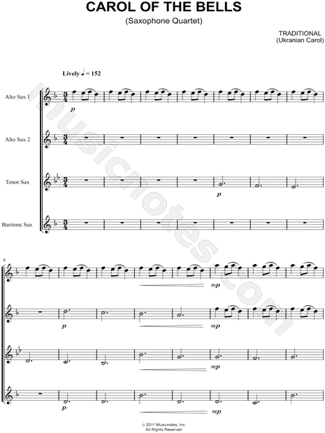 Carol of the Bells - Saxophone Quartet Score