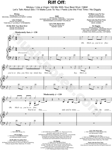 Riff Off: Mickey / Like a Virgin / Hit Me With Your Best Shot / S&M / Let's Talk About Sex / I'll Make Love To You / Feels Like the First Time / No Diggity