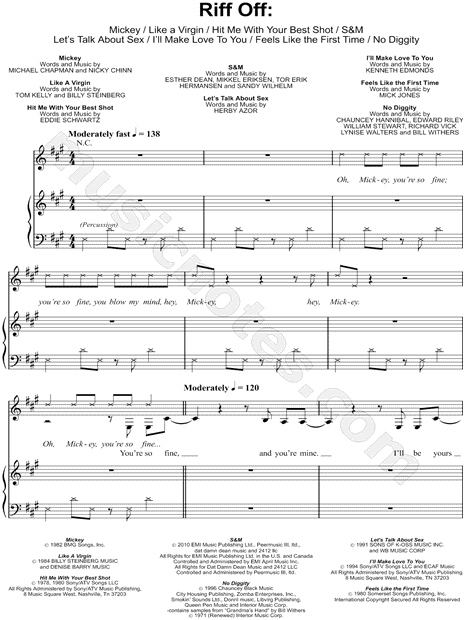 Riff Off: Mickey / Like a Virgin / Hit Me With Your Best Shot / S&M / Let's Talk About Sex / I'll Make Love To You / Feels Like the First Time / No Diggity
