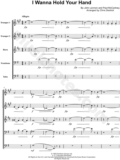 I Want to Hold Your Hand - Brass Quintet Score