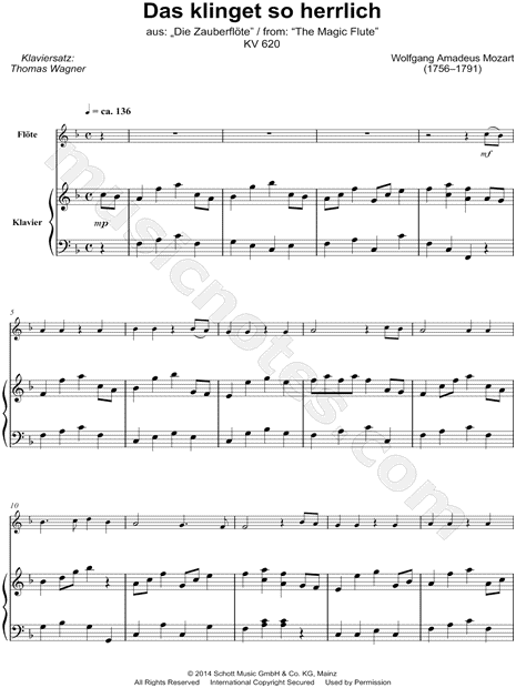 The Magic Flute, K. 620: Act I - "Das klinget so herrlich" - Flute & Piano