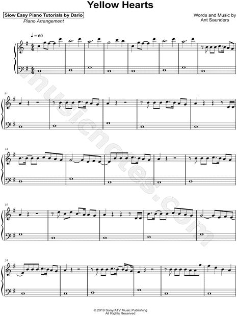 Yellow Hearts [Slow Easy Piano Tutorial]
