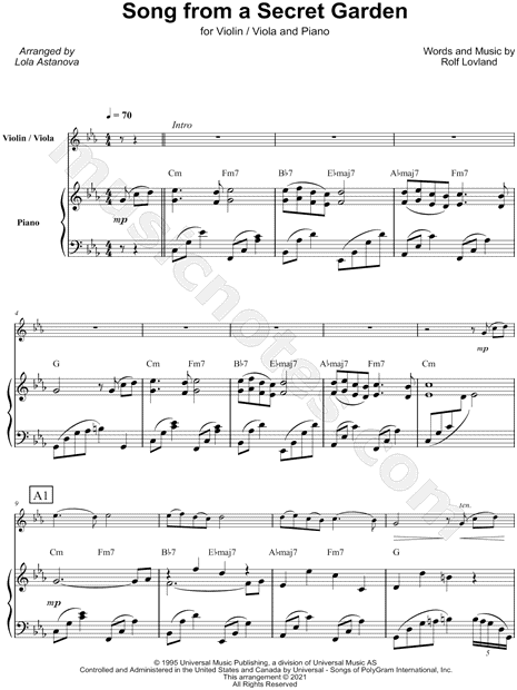 Song from a Secret Garden - Violin or Viola & Piano