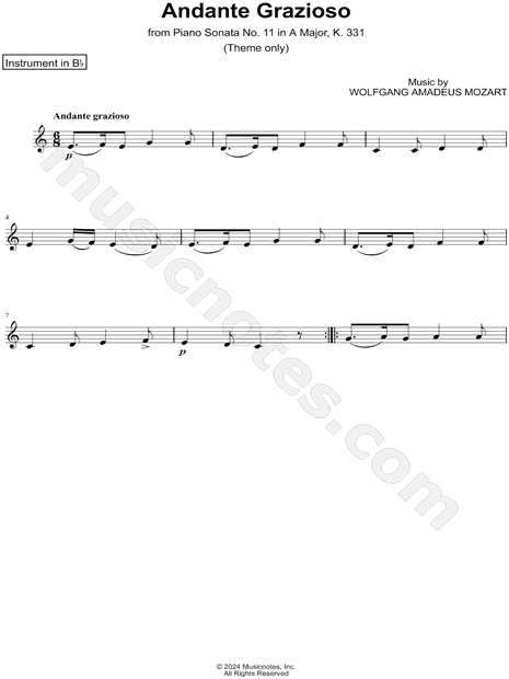 Sonata No. 11 in A Major, K. 331: 1. Andante Grazioso (Theme) - Bb Instrument