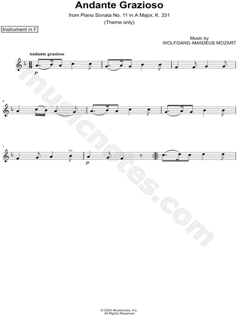 Sonata No. 11 in A Major, K. 331: 1. Andante Grazioso (Theme) - F Instrument