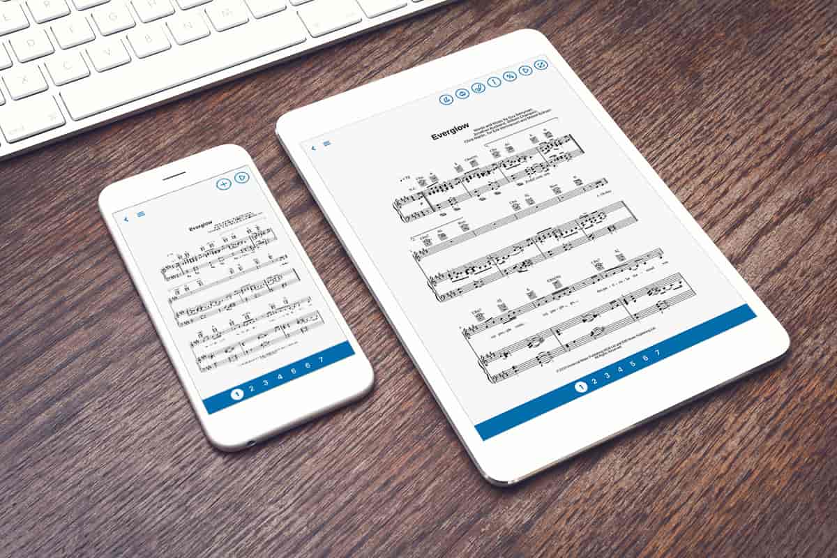 Mobile phone and tablet showing digital sheet music